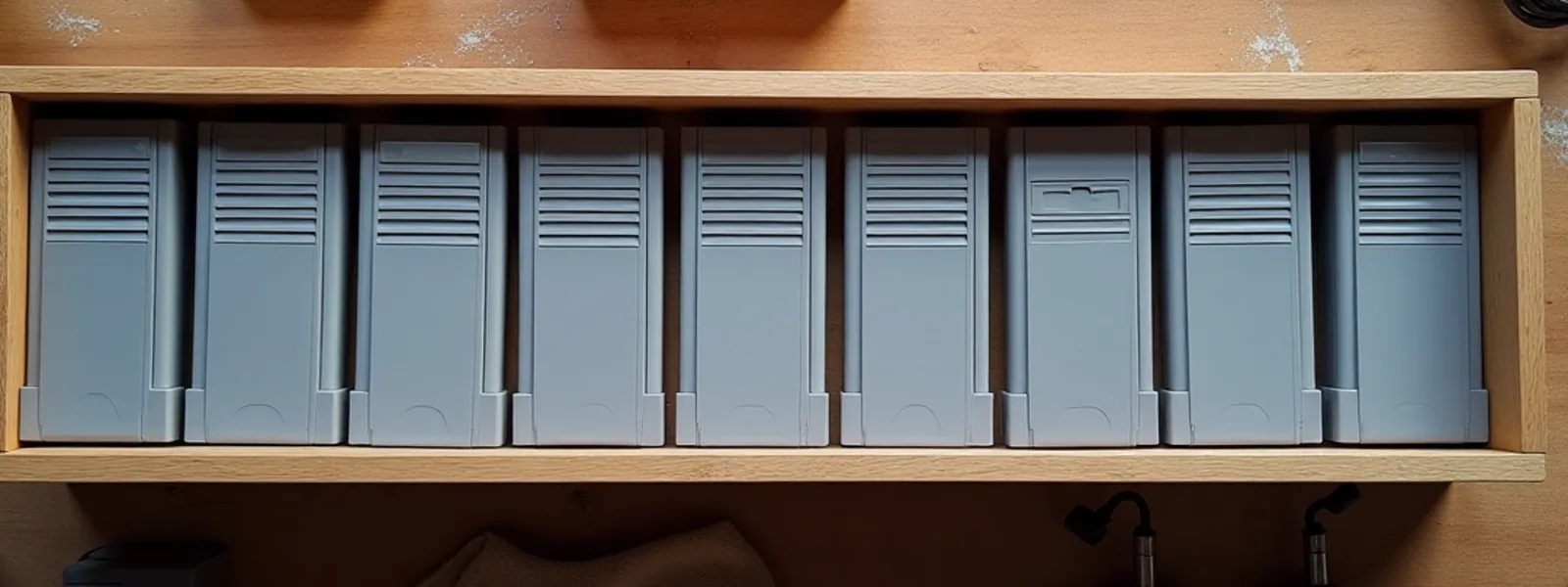 Vue zénithale d’un plateau de rangement où des cartouches sans étiquette sont classées par rangées